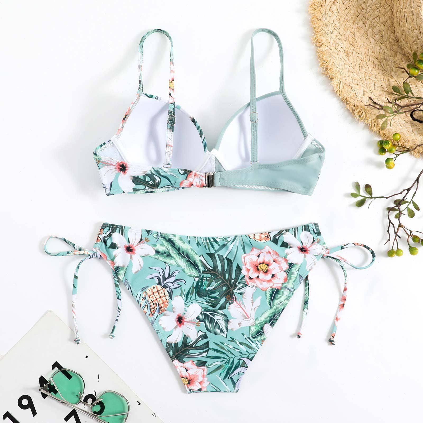 Floral Print String Tie Bottom 2PCS Bikini Set Y65 - SWEETKAMA