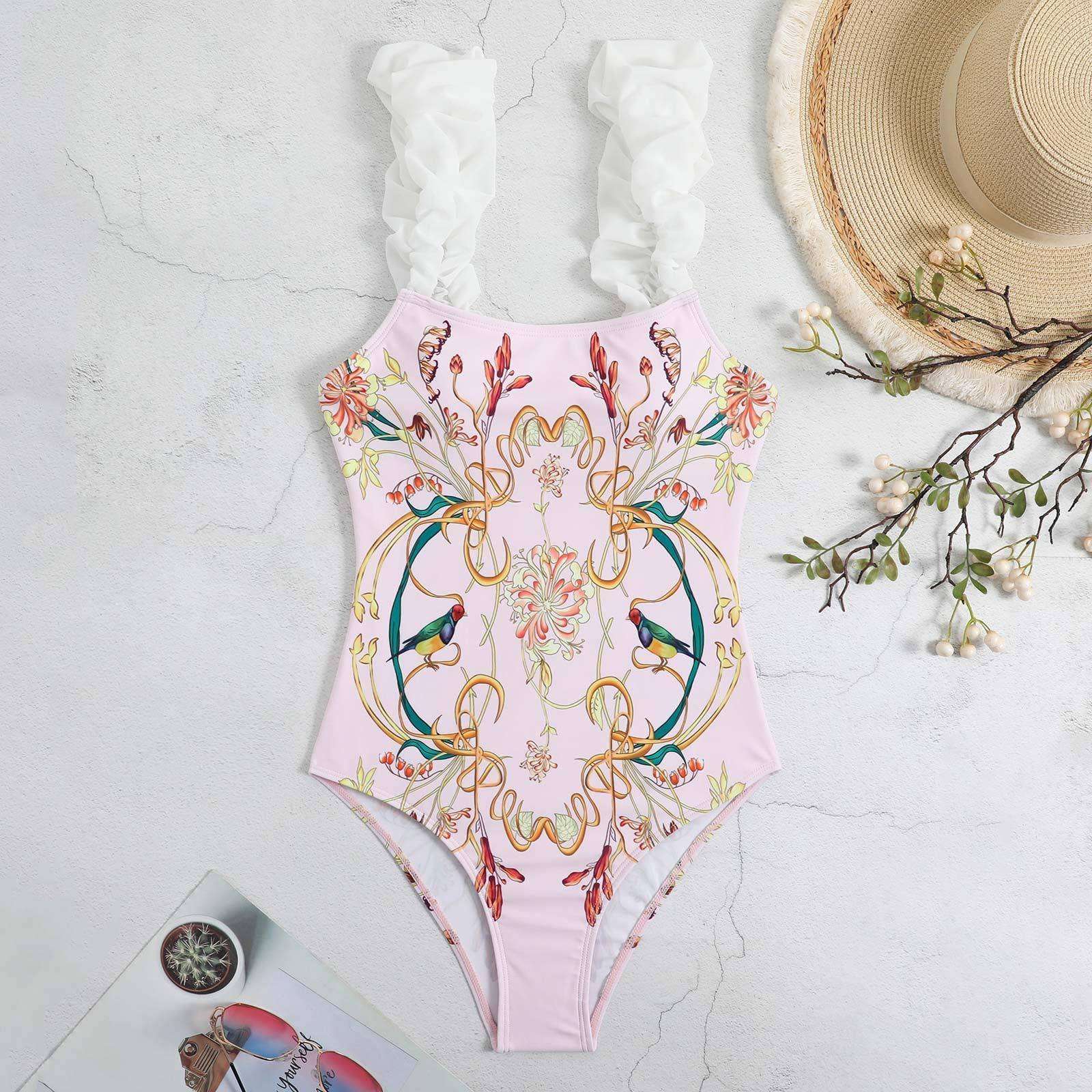 Flower and Bird Print One Piece Swimwear with Cover Y87 - SWEETKAMA