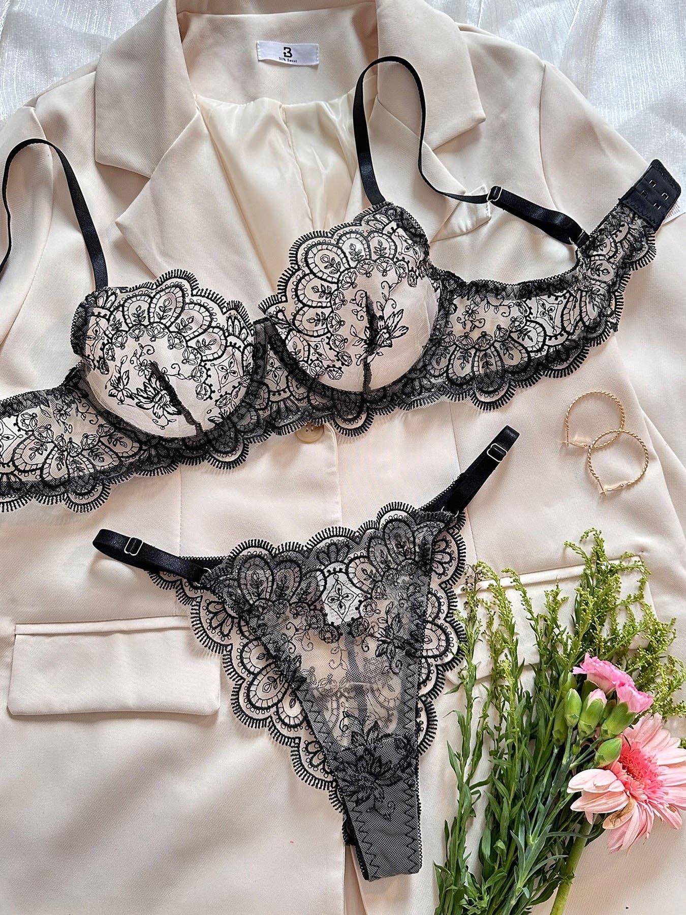 Flower Embroidery Perspective Sexy Lingerie Set HF-4135 - SWEETKAMA