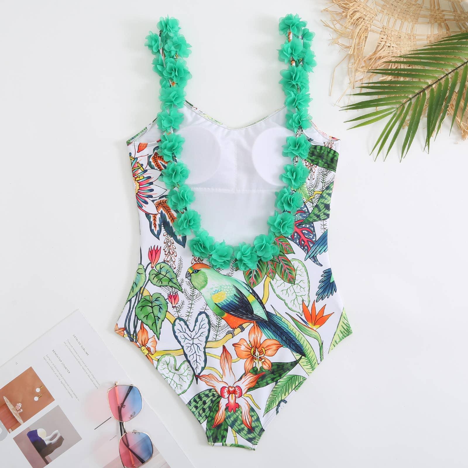 Flower Strap Open Back One Piece Swimsuit with Cover Up Y16 - SWEETKAMA