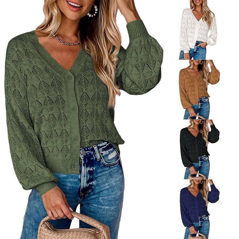 Front Botton Sweater Long Sleeves V-Neck Cardigan YL23010 - SWEETKAMA