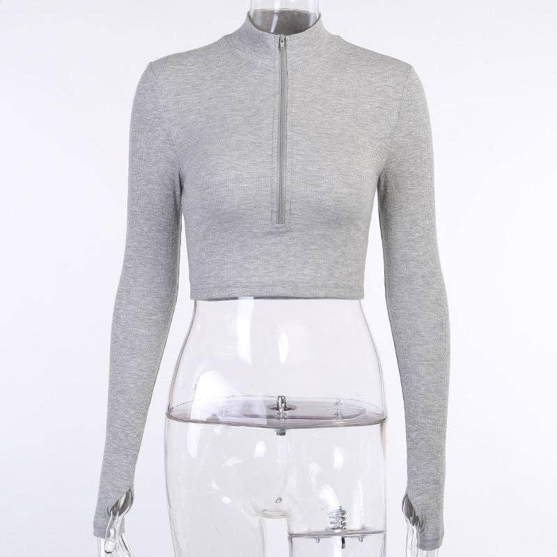 Half High Collar Zipper Women Daily Crop Top 20292P - SWEETKAMA