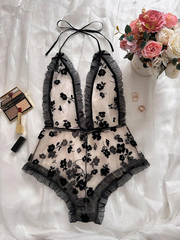 Halter Floral Embroidery Mesh Teddy HF-4138 - SWEETKAMA