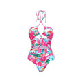 Halter Flower Print One Piece Bikini Swimsuit with Cover Up A335 - SWEETKAMA