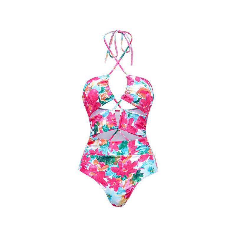 Halter Flower Print One Piece Bikini Swimsuit with Cover Up A335 - SWEETKAMA