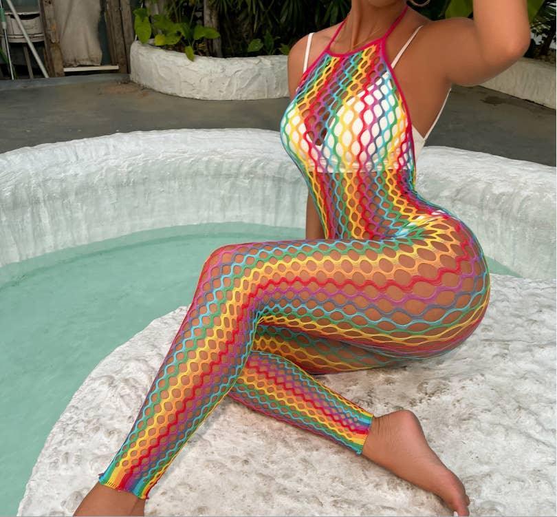 Halter Rainbow Color Fishnet See Through Bodysuit CS13 - SWEETKAMA