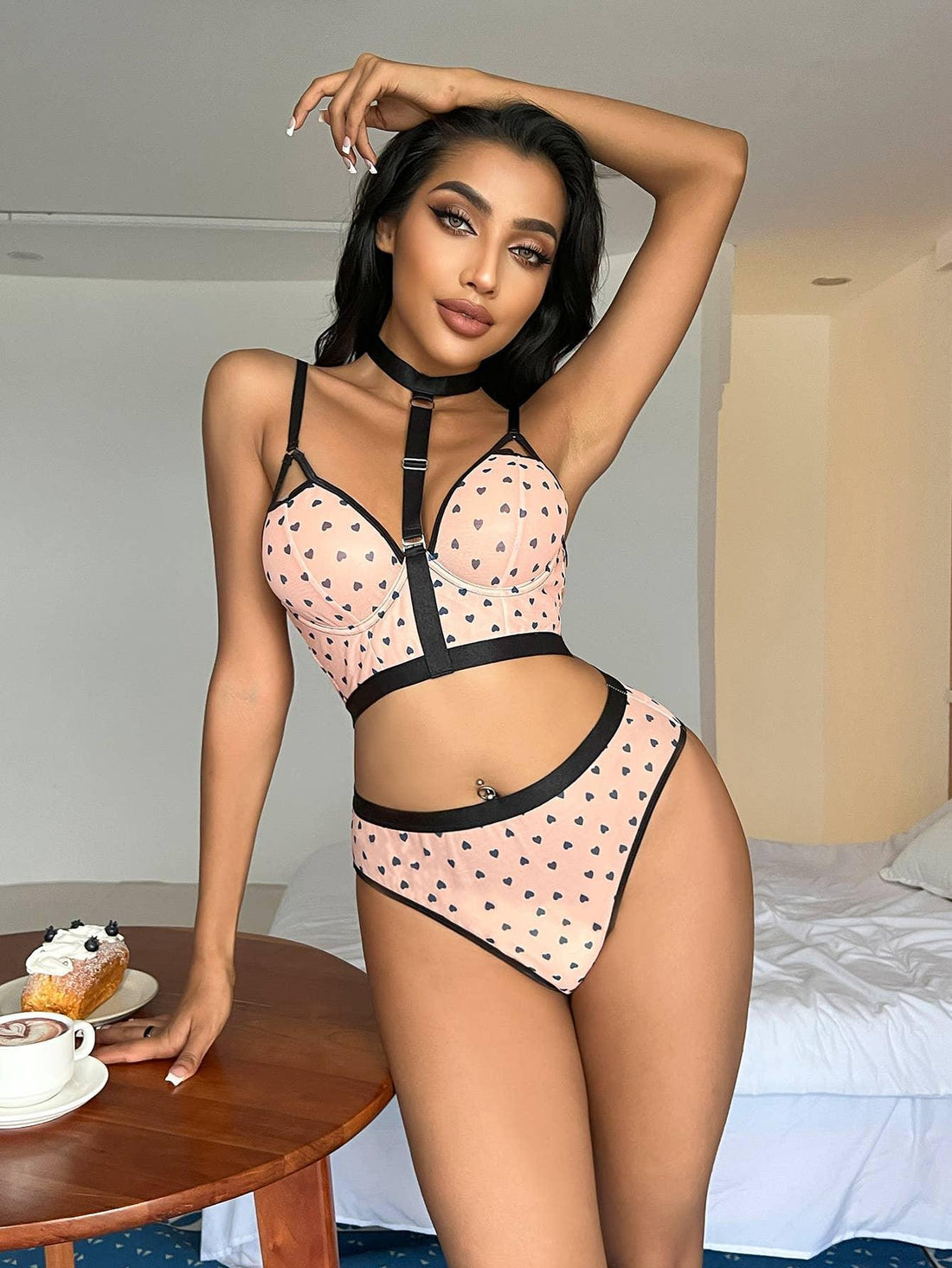 Heart Print 2 Pieces Bra and High Waist Panty Sexy Lingerie SH214 - SWEETKAMA