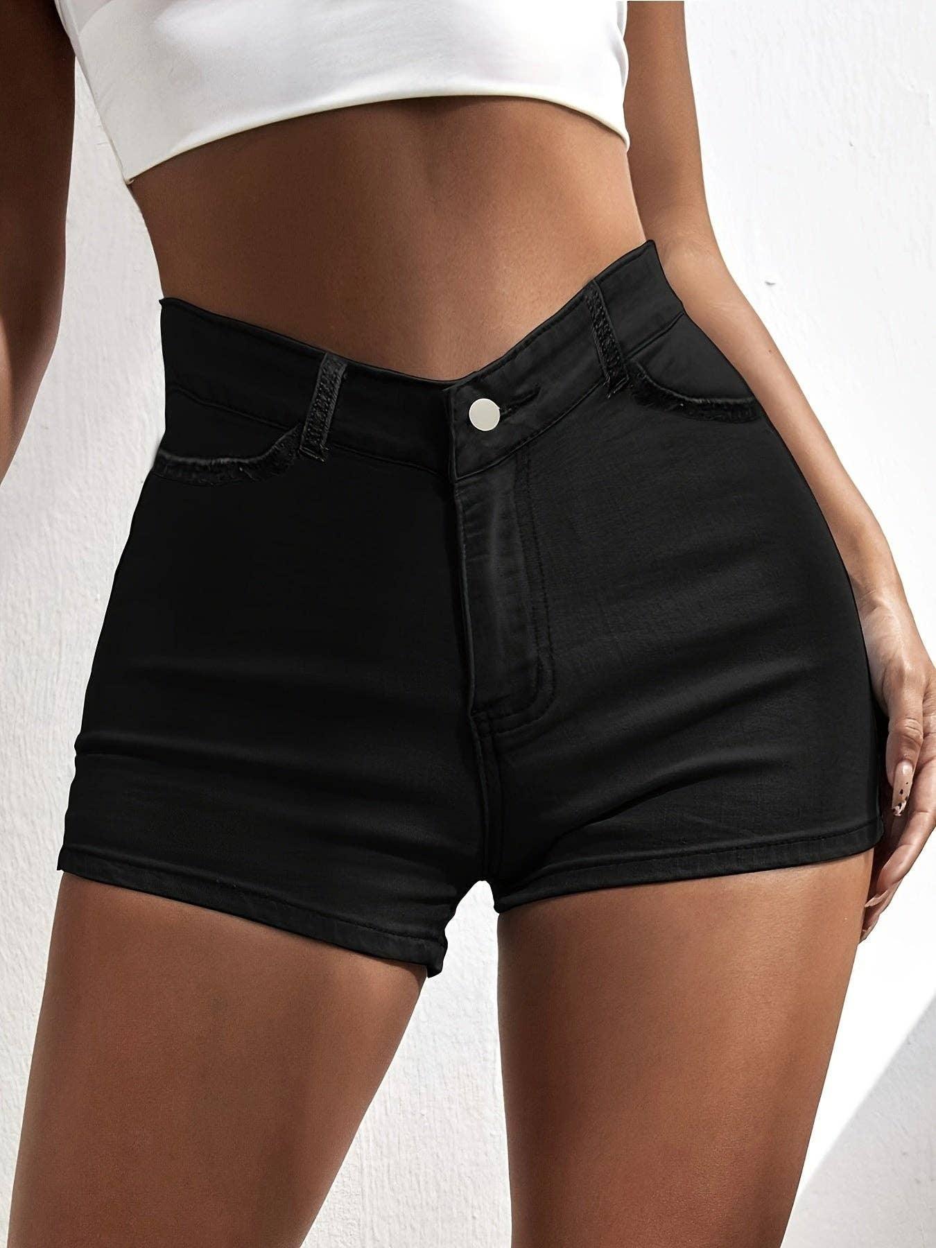 High Waist Black Denim Shorts THS060 - SWEETKAMA