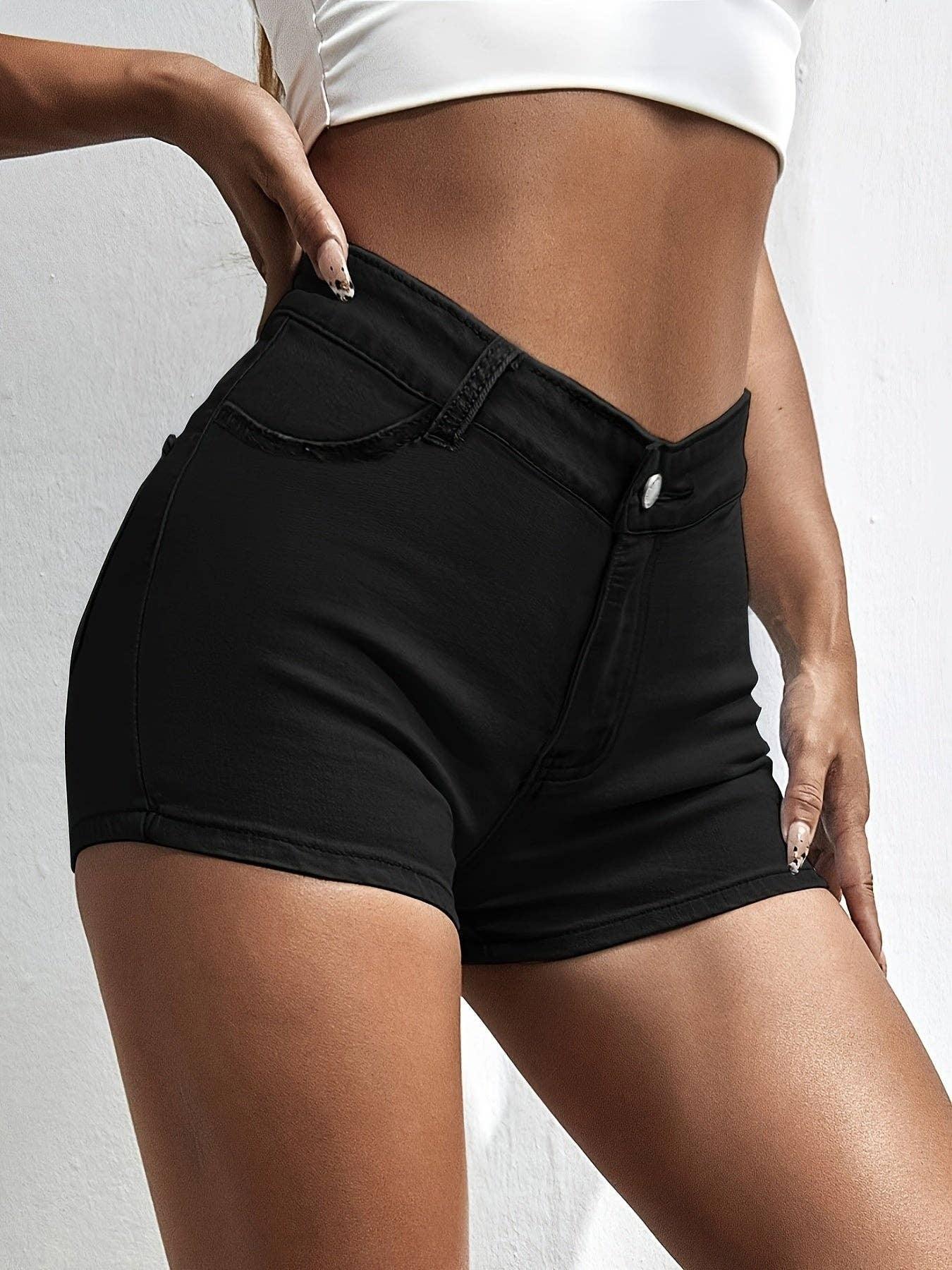 High Waist Black Denim Shorts THS060 - SWEETKAMA