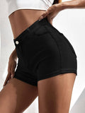 High Waist Black Denim Shorts THS060 - SWEETKAMA