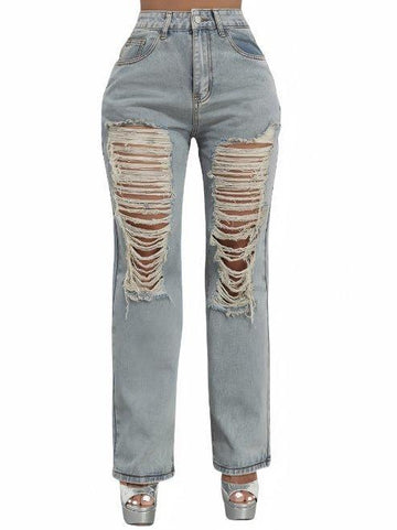 High Waist Ripped Straight Leg Jeans B241DE0013 - SWEETKAMA