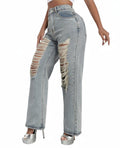 High Waist Ripped Straight Leg Jeans B241DE0013 - SWEETKAMA