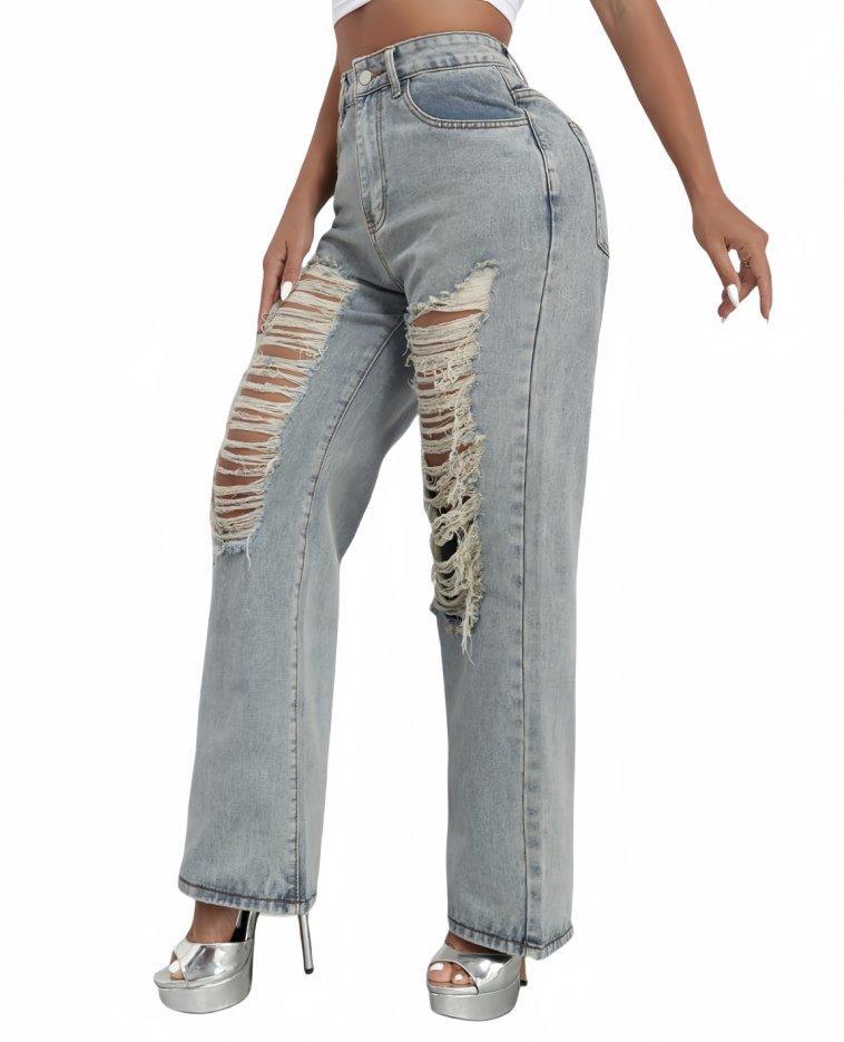 High Waist Ripped Straight Leg Jeans B241DE0013 - SWEETKAMA