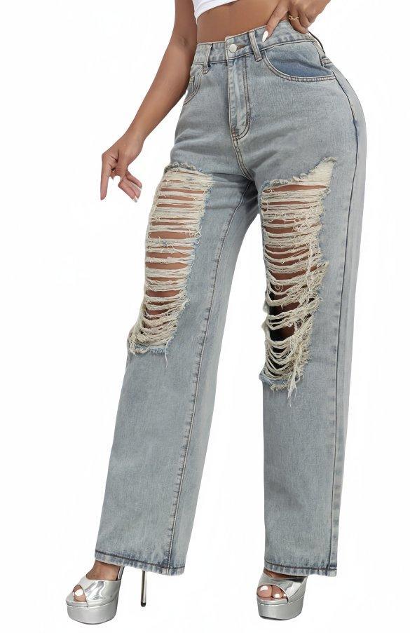 High Waist Ripped Straight Leg Jeans B241DE0013 - SWEETKAMA