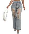 High Waist Ripped Straight Leg Jeans B241DE0013 - SWEETKAMA