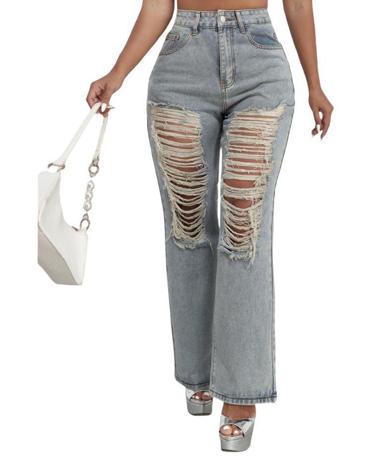 High Waist Ripped Straight Leg Jeans B241DE0013 - SWEETKAMA