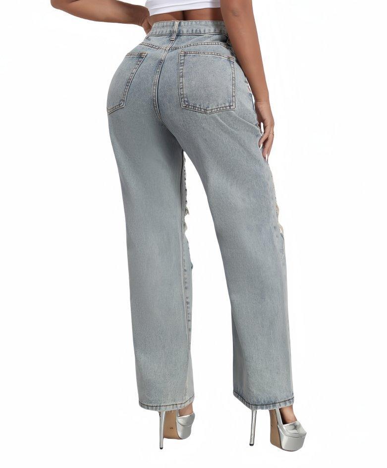 High Waist Ripped Straight Leg Jeans B241DE0013 - SWEETKAMA