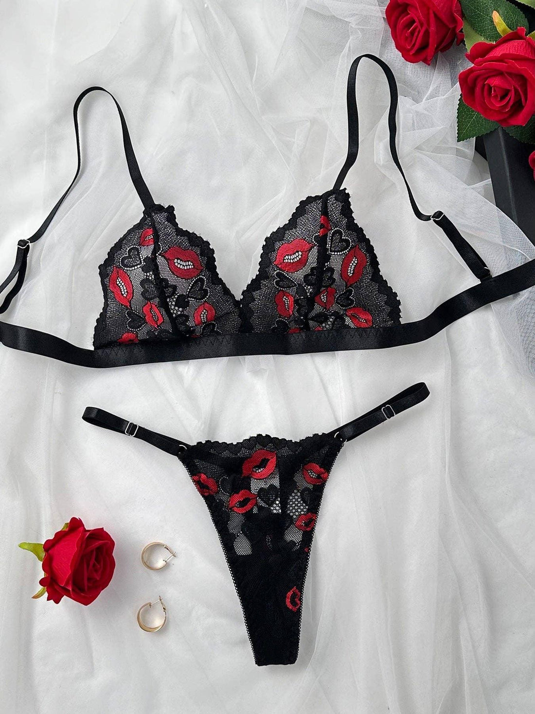 Hot Red Lip Embroidery Transparent Lingerie Set HF-4201 - SWEETKAMA