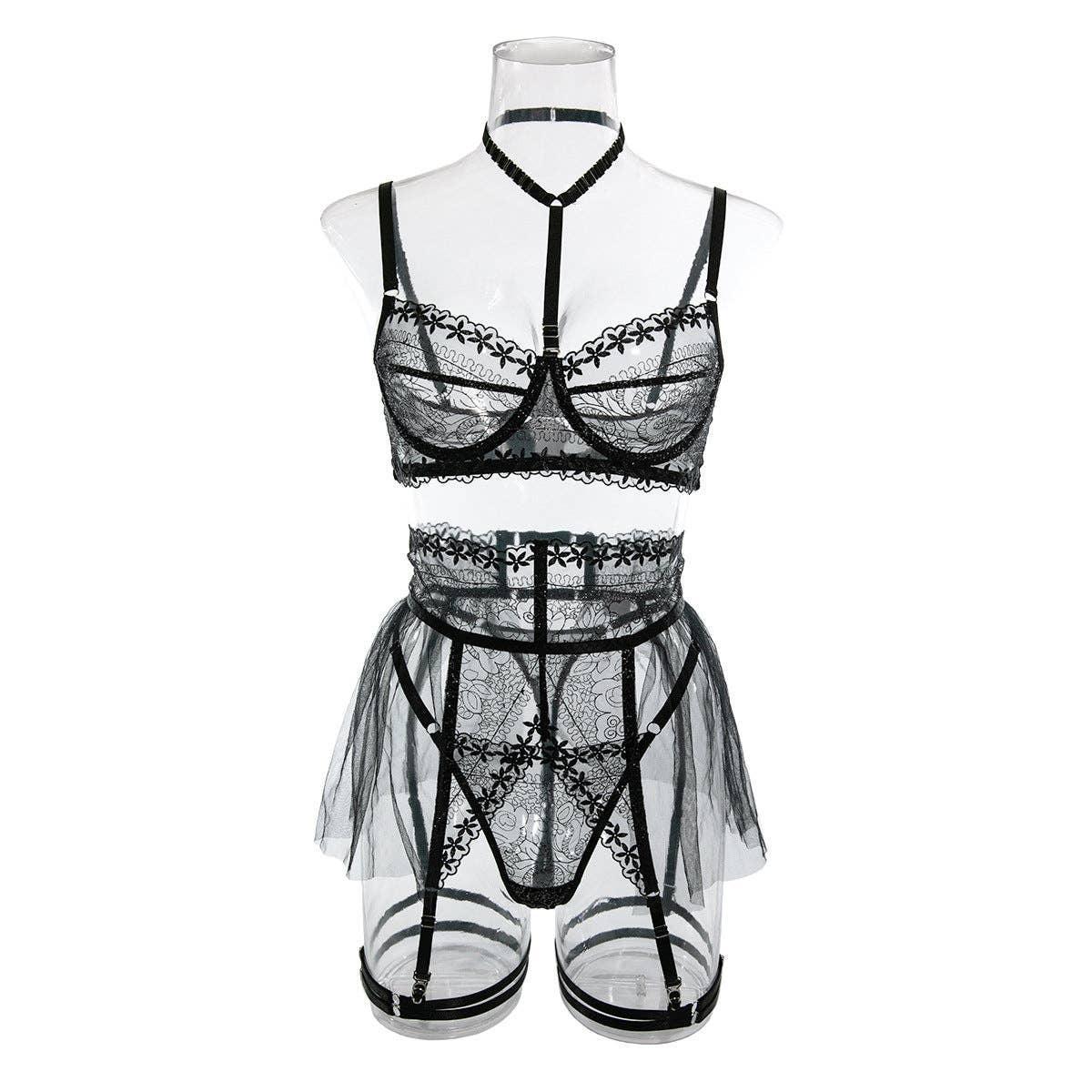 Lace Halter Sexy Lingerie Set with Garter Belt 3062 - SWEETKAMA