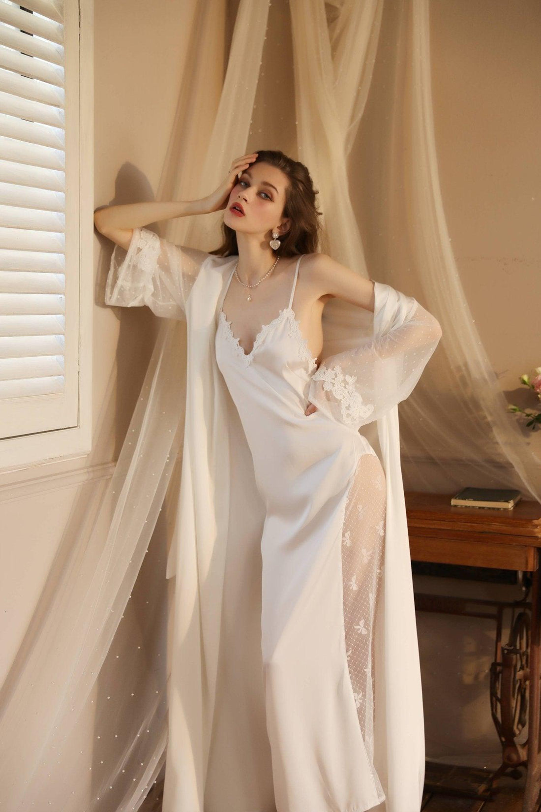 Lace Night Gown, Silk Robes,Bridal Party Robes,with Babydoll 6076 - SWEETKAMA