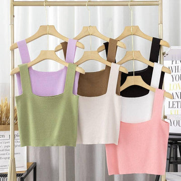 Ladie Solid Color Two Shoulder Daily Knit Crop Top 304 - SWEETKAMA