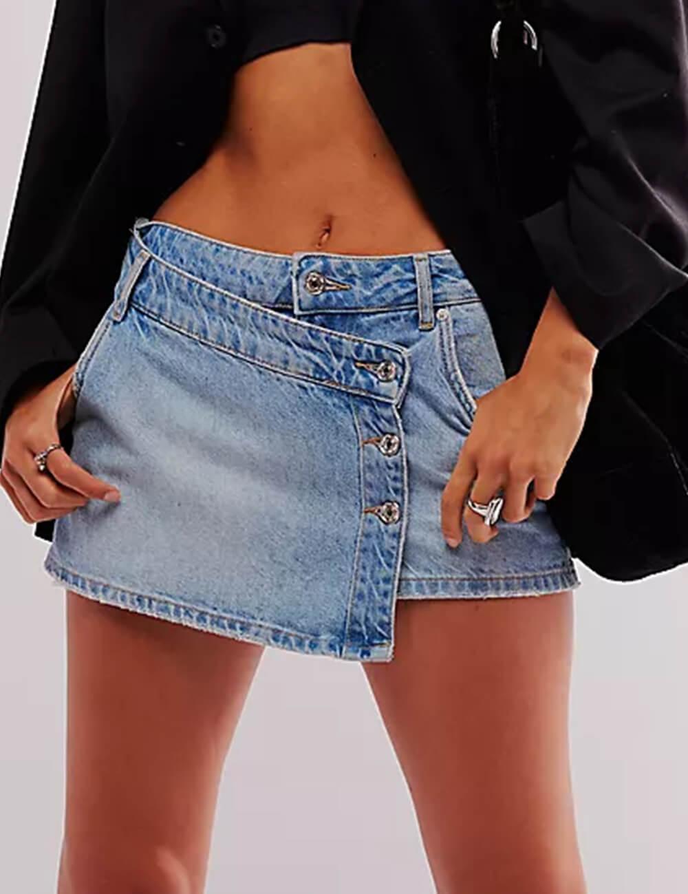 Ladies Asymmetrical Pocket Mini Denim Skirt SKS541 - SWEETKAMA