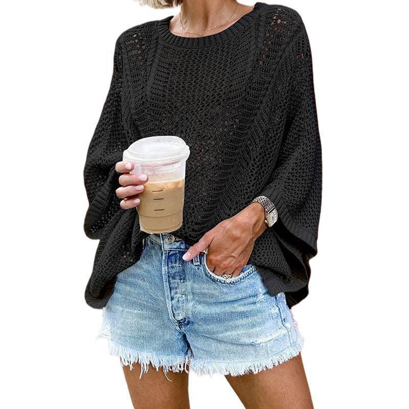 Ladies Bat Sleeves Hollow Out Knit Blouse 22065 - SWEETKAMA