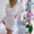 Ladies Batwing Sleeves V-Neck Knit Dress 2078 - SWEETKAMA