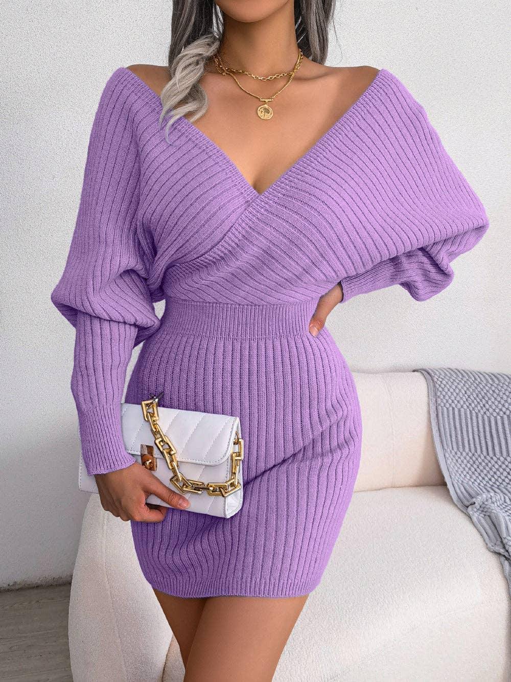 Ladies Batwing Sleeves V-Neck Knit Dress 2078 - SWEETKAMA