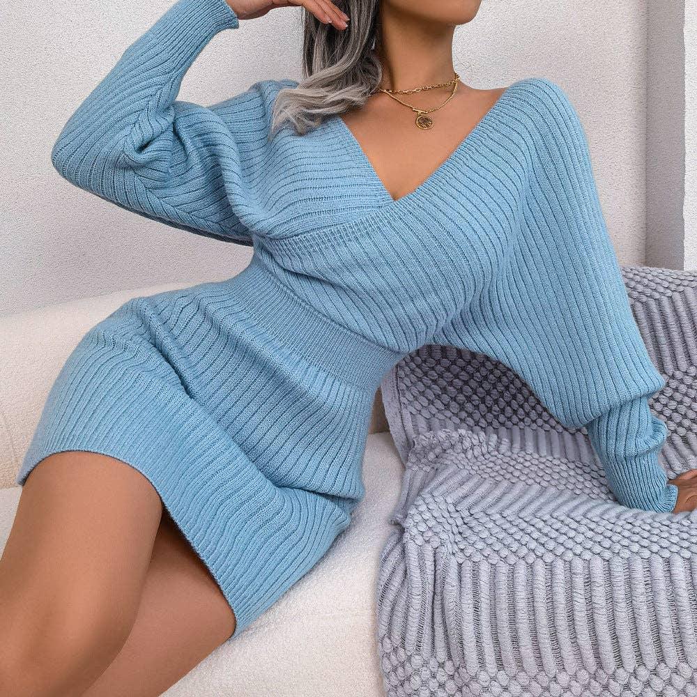 Ladies Batwing Sleeves V-Neck Knit Dress 2078 - SWEETKAMA