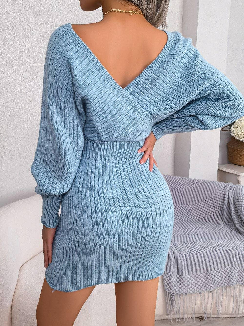 Ladies Batwing Sleeves V-Neck Knit Dress 2078 - SWEETKAMA