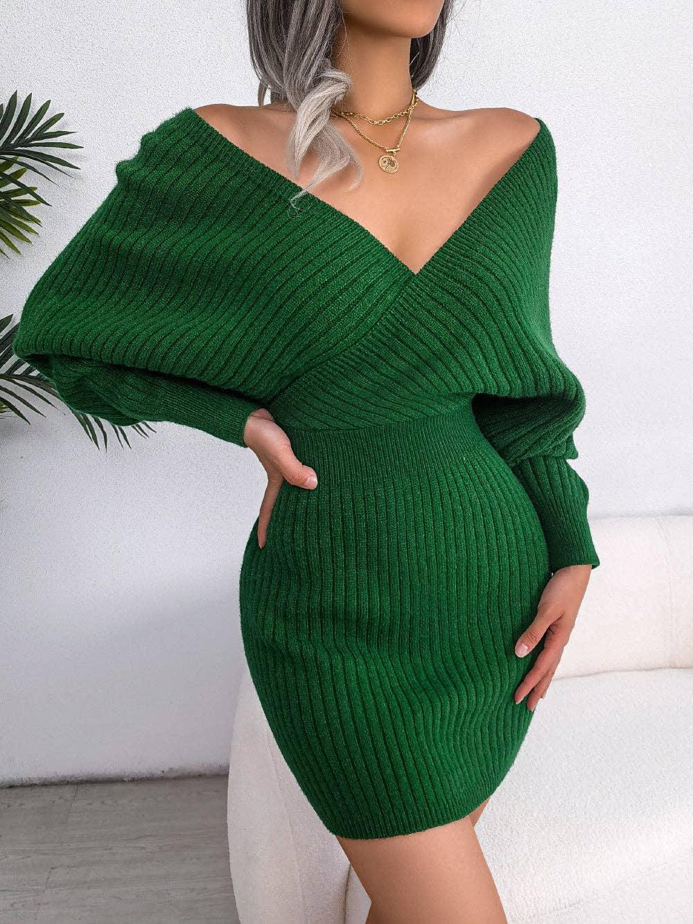 Ladies Batwing Sleeves V-Neck Knit Dress 2078 - SWEETKAMA