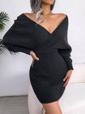 Ladies Batwing Sleeves V-Neck Knit Dress 2078 - SWEETKAMA