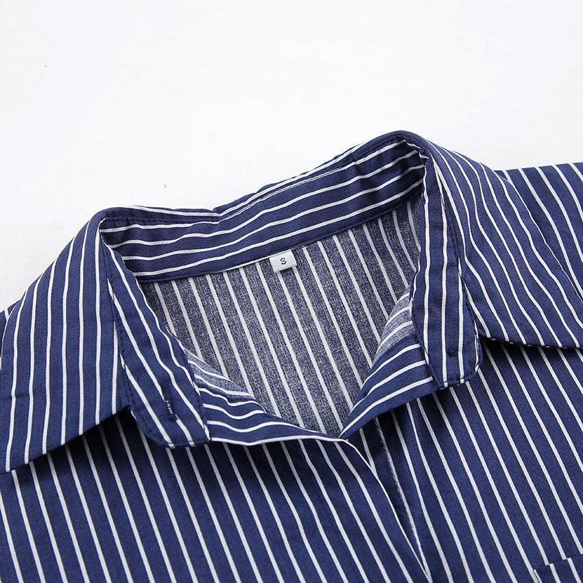 Ladies Blue Lapel Stripe Botton Down Shirt CY5887 - SWEETKAMA