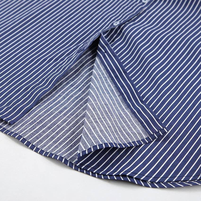 Ladies Blue Lapel Stripe Botton Down Shirt CY5887 - SWEETKAMA