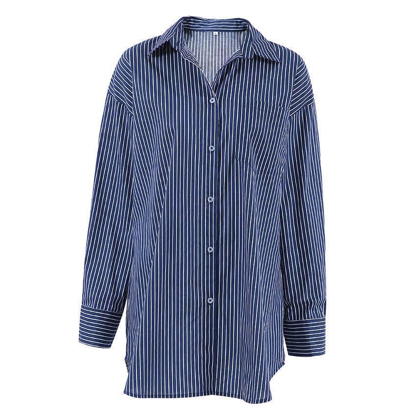 Ladies Blue Lapel Stripe Botton Down Shirt CY5887 - SWEETKAMA