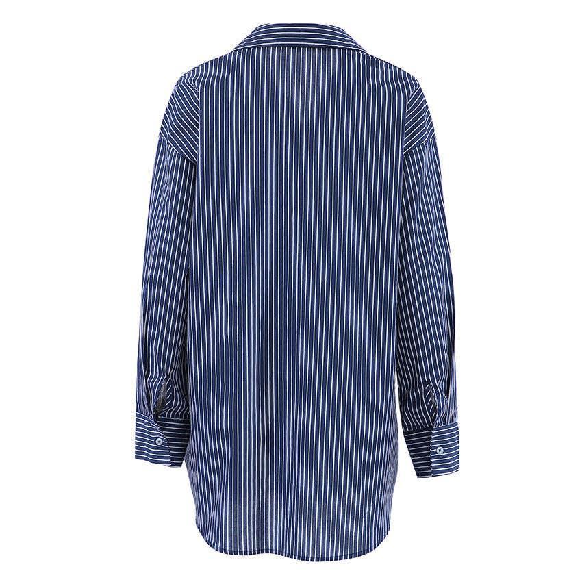 Ladies Blue Lapel Stripe Botton Down Shirt CY5887 - SWEETKAMA