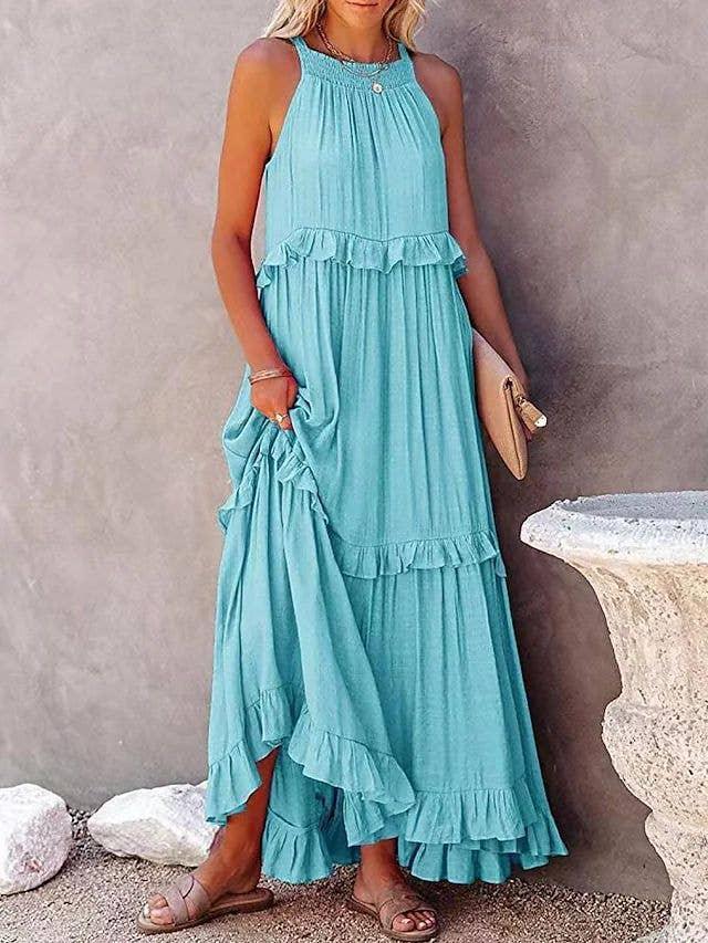 Ladies Bohemia Round Neck Plicated Daily Maxi Dress SKD23119 - SWEETKAMA