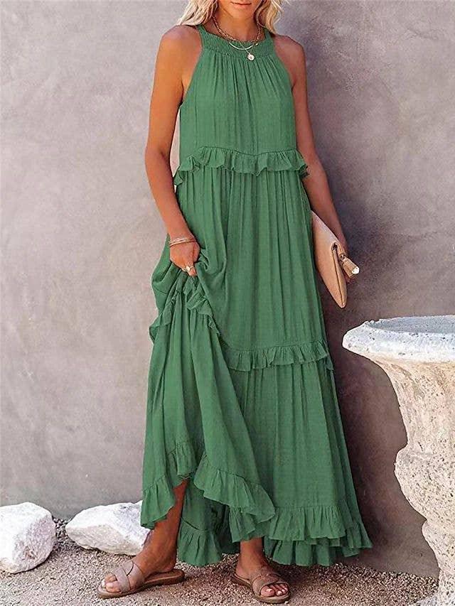 Ladies Bohemia Round Neck Plicated Daily Maxi Dress SKD23119 - SWEETKAMA