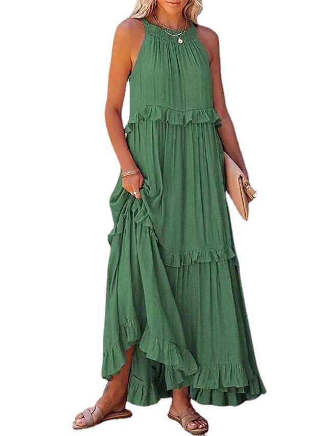 Ladies Bohemia Round Neck Plicated Daily Maxi Dress SKD23119 - SWEETKAMA