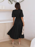 Ladies Bubble Sleeves V-Neck Daily Midi Dress GQRM - SWEETKAMA