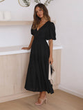 Ladies Bubble Sleeves V-Neck Daily Midi Dress GQRM - SWEETKAMA