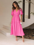 Ladies Bubble Sleeves V-Neck Daily Midi Dress GQRM - SWEETKAMA