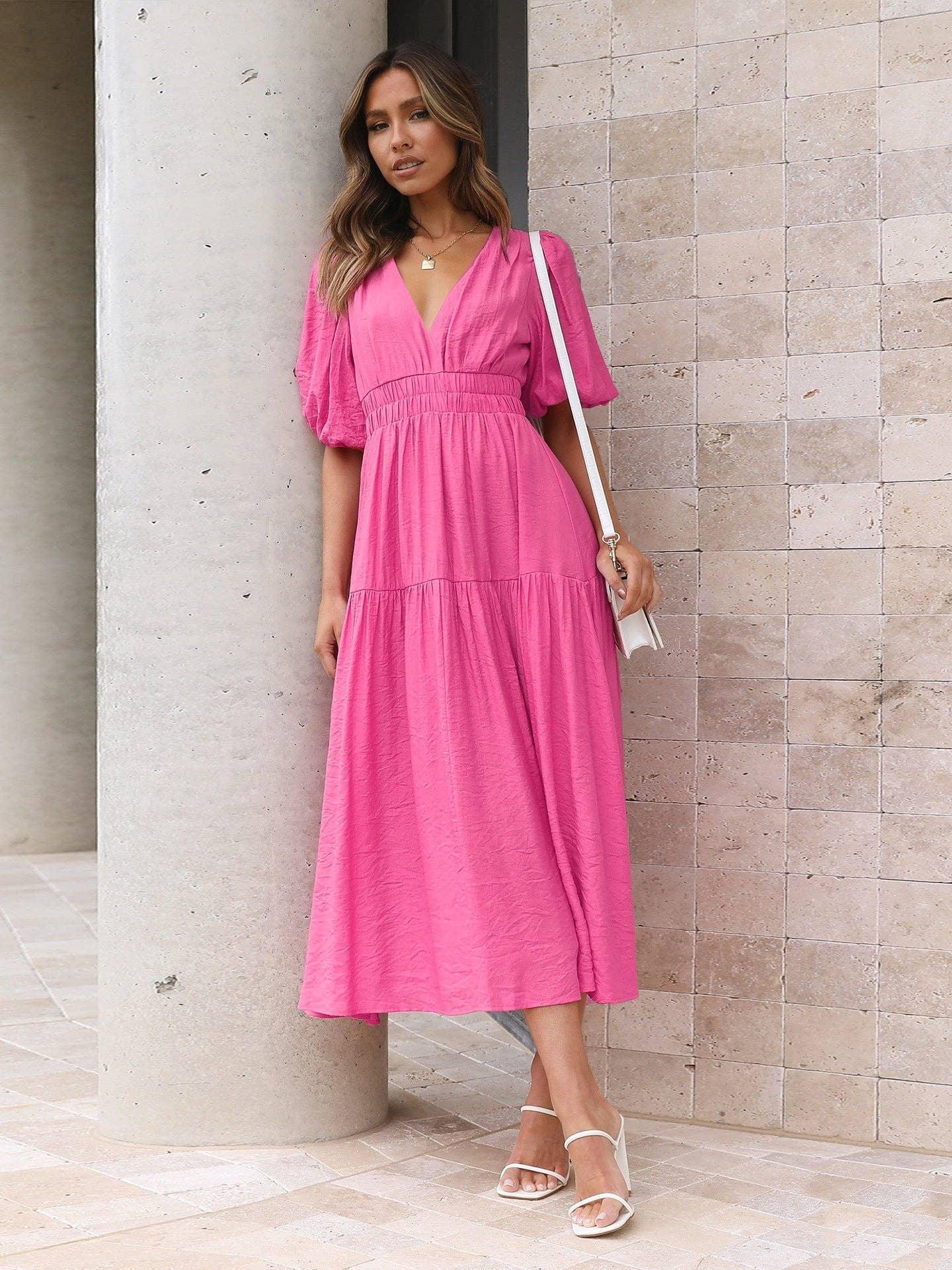 Ladies Bubble Sleeves V-Neck Daily Midi Dress GQRM - SWEETKAMA