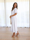 Ladies Bubble Sleeves V-Neck Daily Midi Dress GQRM - SWEETKAMA