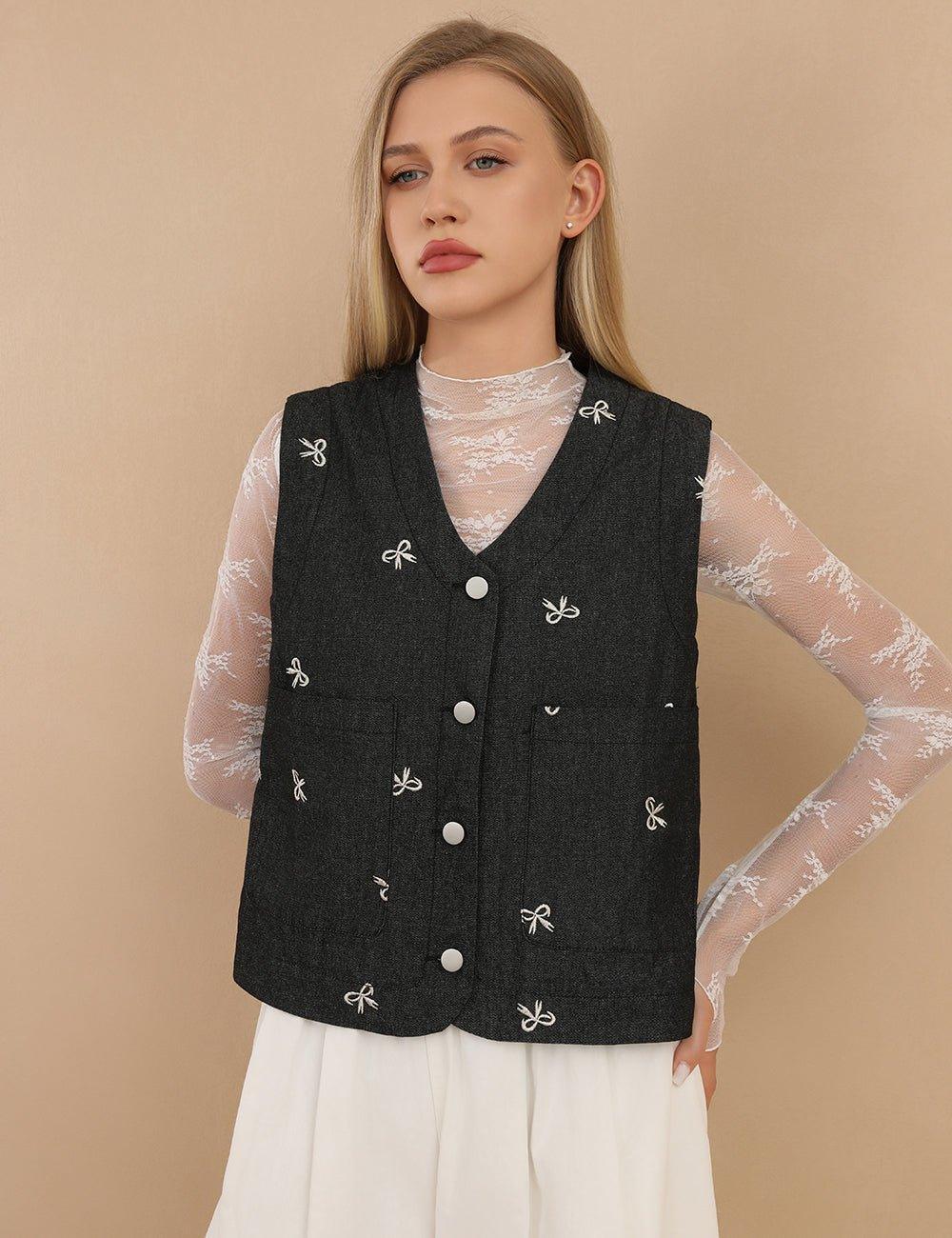 Ladies Button Bow Embroidery V-Neck Vest SKT436 - SWEETKAMA