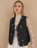 Ladies Button Bow Embroidery V-Neck Vest SKT436 - SWEETKAMA