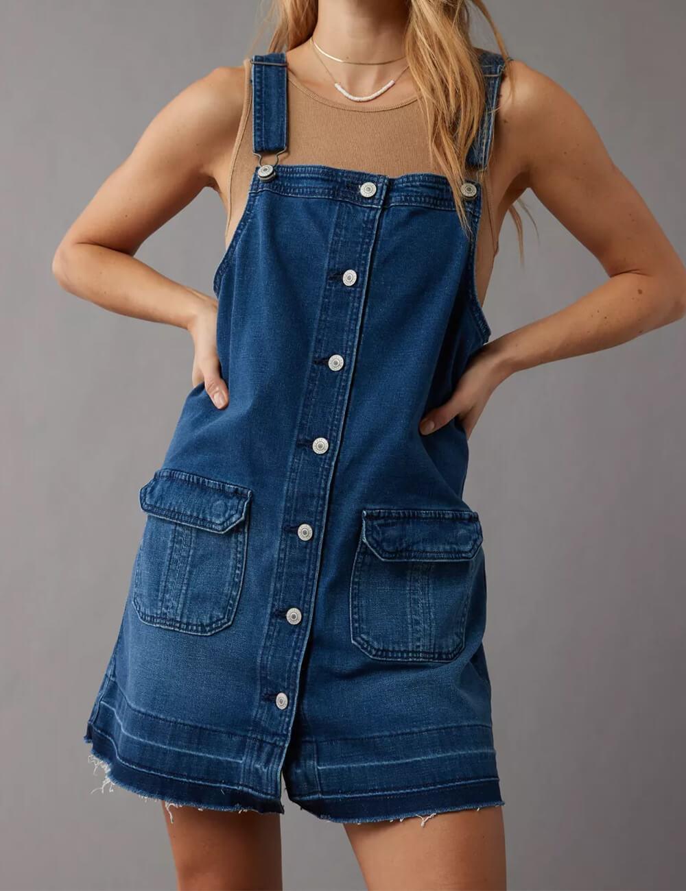 Ladies Button Denim Mini Overall Dress SKD548 - SWEETKAMA