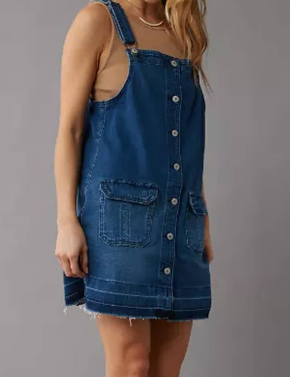 Ladies Button Denim Mini Overall Dress SKD548 - SWEETKAMA