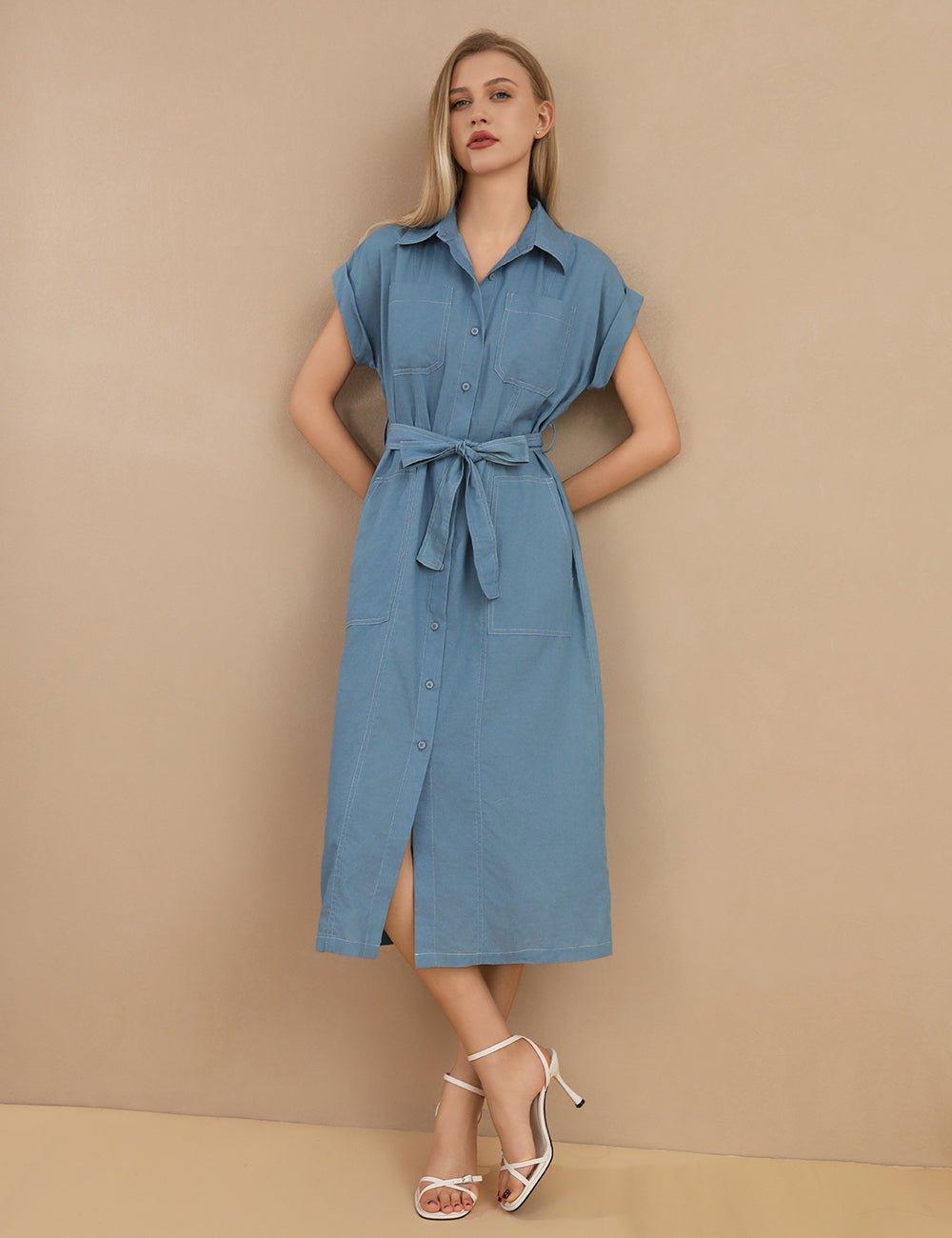 Ladies Button Down Belted Denim Dress SKD432 - SWEETKAMA